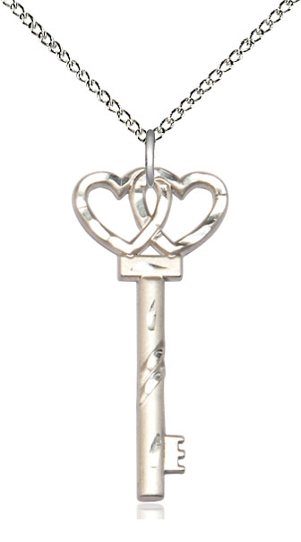 Sterling Silver Small Key w/Double Heart Pendant on a 18 inch Sterling Silver Light Curb chain