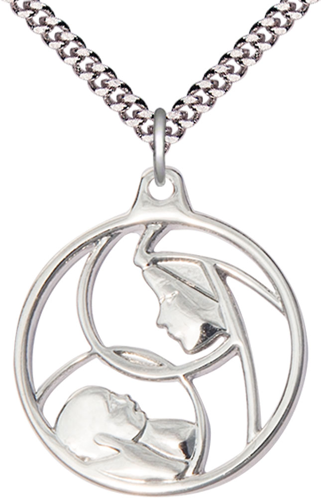 Sterling Silver Madonna &amp; Child Pendant on a 24 inch Light Rhodium Heavy Curb chain