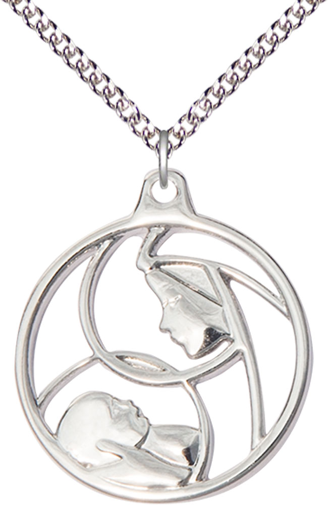 Sterling Silver Madonna &amp; Child Pendant on a 24 inch Sterling Silver Heavy Curb chain