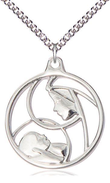 Sterling Silver Madonna &amp; Child Pendant on a 24 inch Sterling Silver Heavy Curb chain