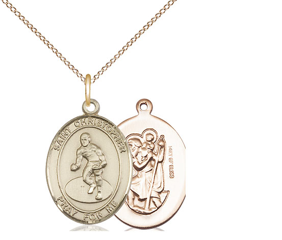 14kt Gold Filled Saint Christopher Wrestling Pendant on a 18 inch Gold Filled Light Curb chain