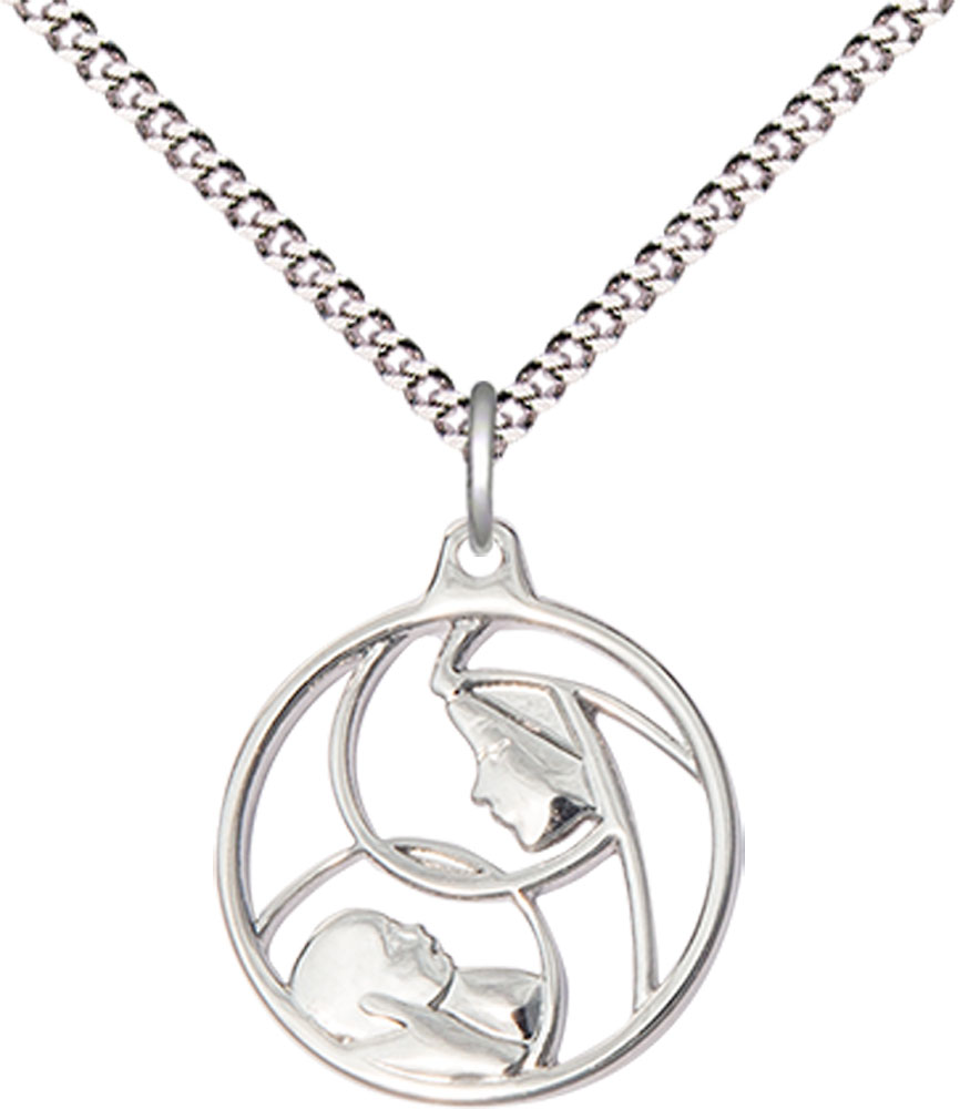 Sterling Silver Madonna &amp; Child Pendant on a 18 inch Light Rhodium Light Curb chain