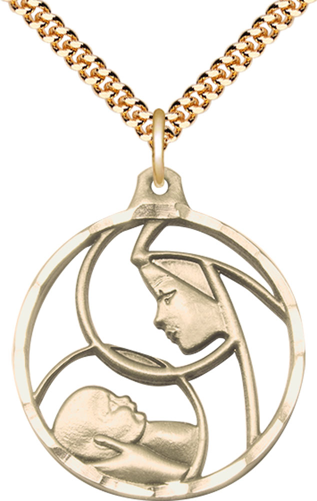 14kt Gold Filled Madonna &amp; Child Pendant on a 24 inch Gold Plate Heavy Curb chain