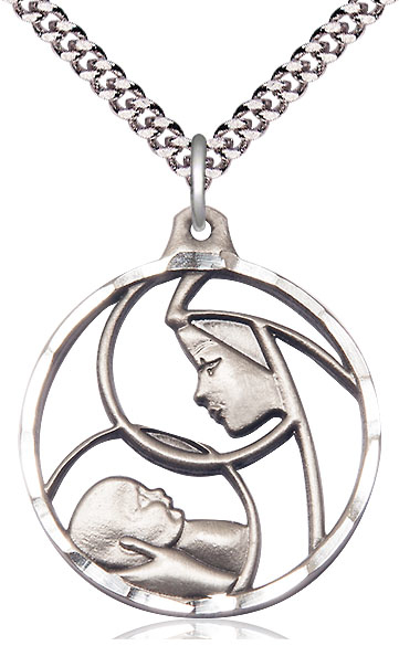 Sterling Silver Madonna &amp; Child Pendant on a 24 inch Light Rhodium Heavy Curb chain