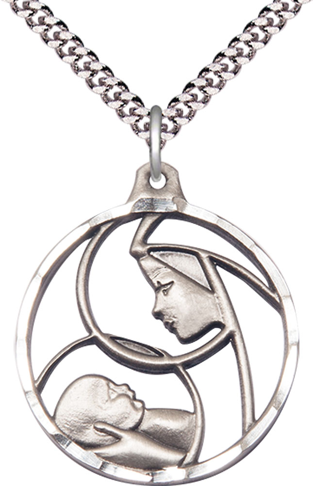 Sterling Silver Madonna &amp; Child Pendant on a 24 inch Light Rhodium Heavy Curb chain