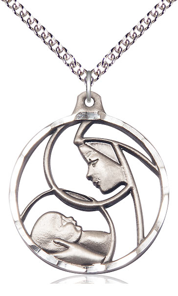 Sterling Silver Madonna &amp; Child Pendant on a 24 inch Sterling Silver Heavy Curb chain