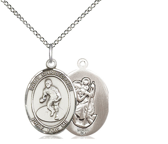 Sterling Silver Saint Christopher Wrestling Pendant on a 18 inch Sterling Silver Light Curb chain