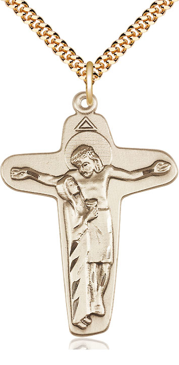 14kt Gold Filled Sorrowful Mother Crucifix Pendant on a 24 inch Gold Plate Heavy Curb chain