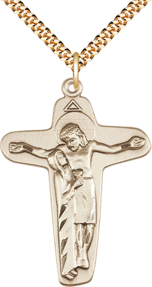 14kt Gold Filled Sorrowful Mother Crucifix Pendant on a 24 inch Gold Plate Heavy Curb chain