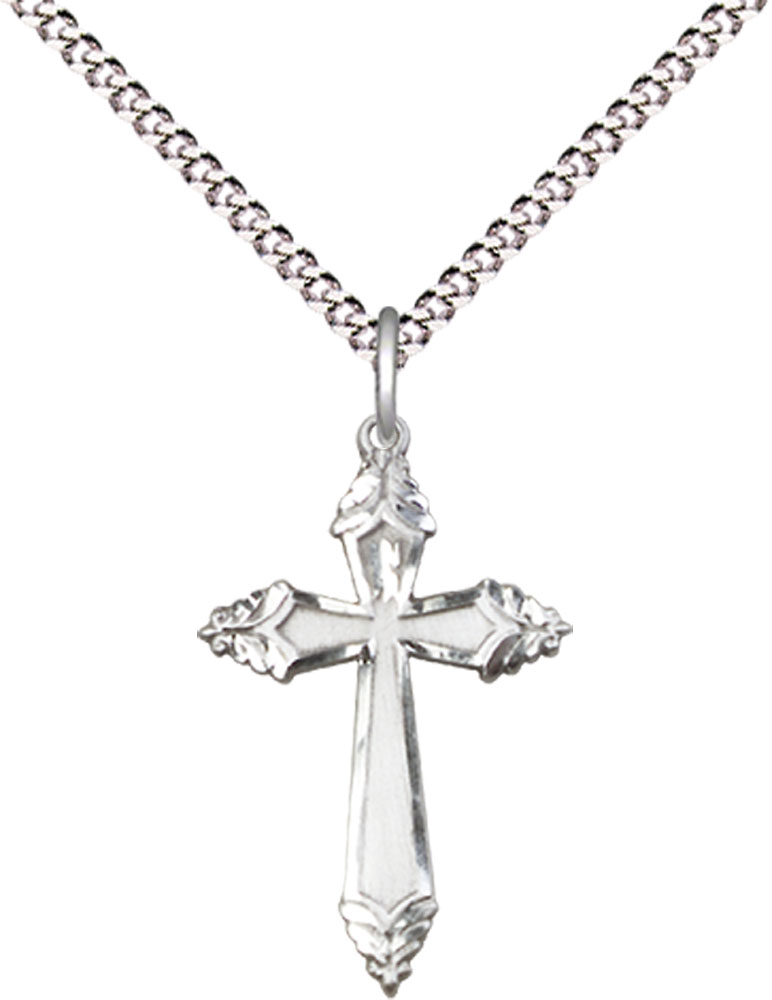 Sterling Silver Cross Pendant on a 18 inch Light Rhodium Light Curb chain