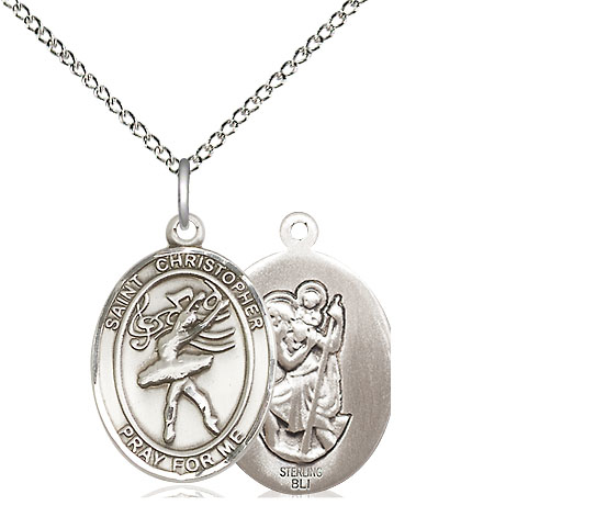 Sterling Silver Saint Christopher Dance Pendant on a 18 inch Sterling Silver Light Curb chain