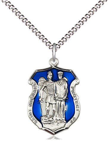 Sterling Silver Saint Michael the Archangel Police Shield Pendant on a 18 inch Light Rhodium Light Curb chain