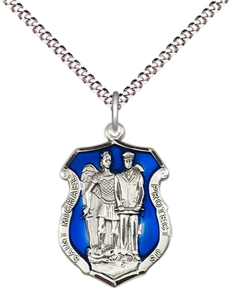 Sterling Silver Saint Michael the Archangel Police Shield Pendant on a 18 inch Light Rhodium Light Curb chain