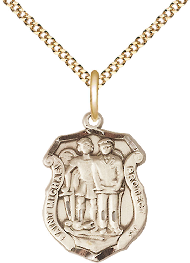 14kt Gold Filled Saint Michael the Archangel Police Shield Pendant on a 18 inch Gold Plate Light Curb chain
