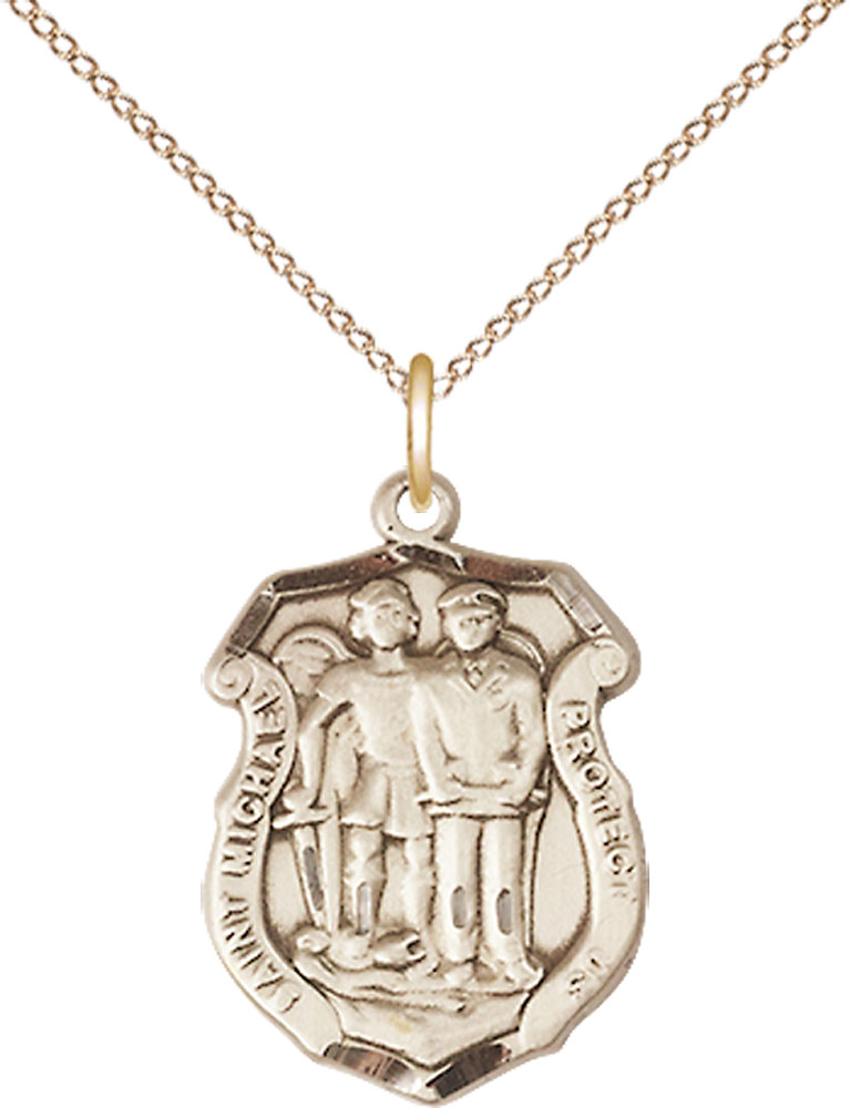 14kt Gold Filled Saint Michael the Archangel Police Shield Pendant on a 18 inch Gold Filled Light Curb chain