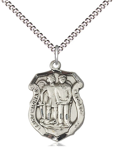 Sterling Silver Saint Michael the Archangel Police Shield Pendant on a 18 inch Light Rhodium Light Curb chain