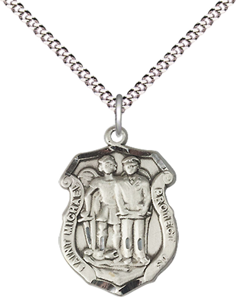 Sterling Silver Saint Michael the Archangel Police Shield Pendant on a 18 inch Light Rhodium Light Curb chain