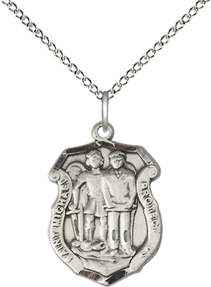 Sterling Silver Saint Michael the Archangel Police Shield Pendant on a 18 inch Sterling Silver Light Curb chain