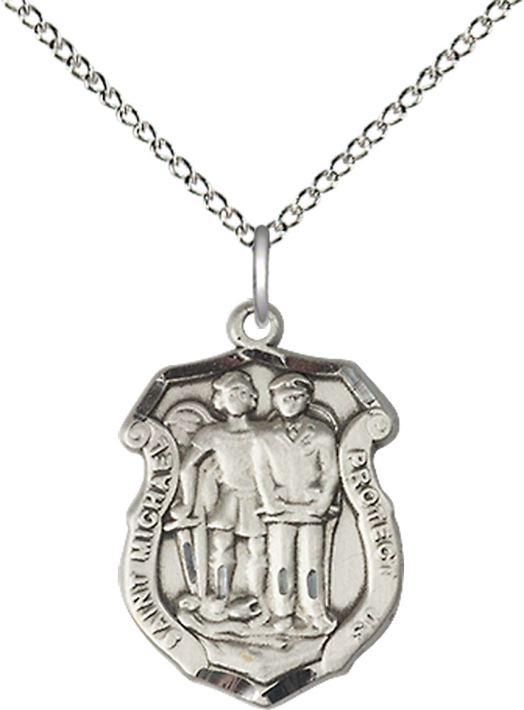 Sterling Silver Saint Michael the Archangel Police Shield Pendant on a 18 inch Sterling Silver Light Curb chain