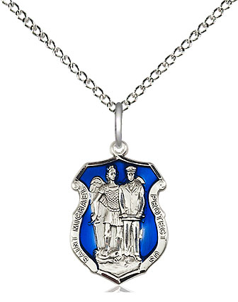 Sterling Silver Saint Michael the Archangel Police Shield Pendant on a 18 inch Sterling Silver Light Curb chain