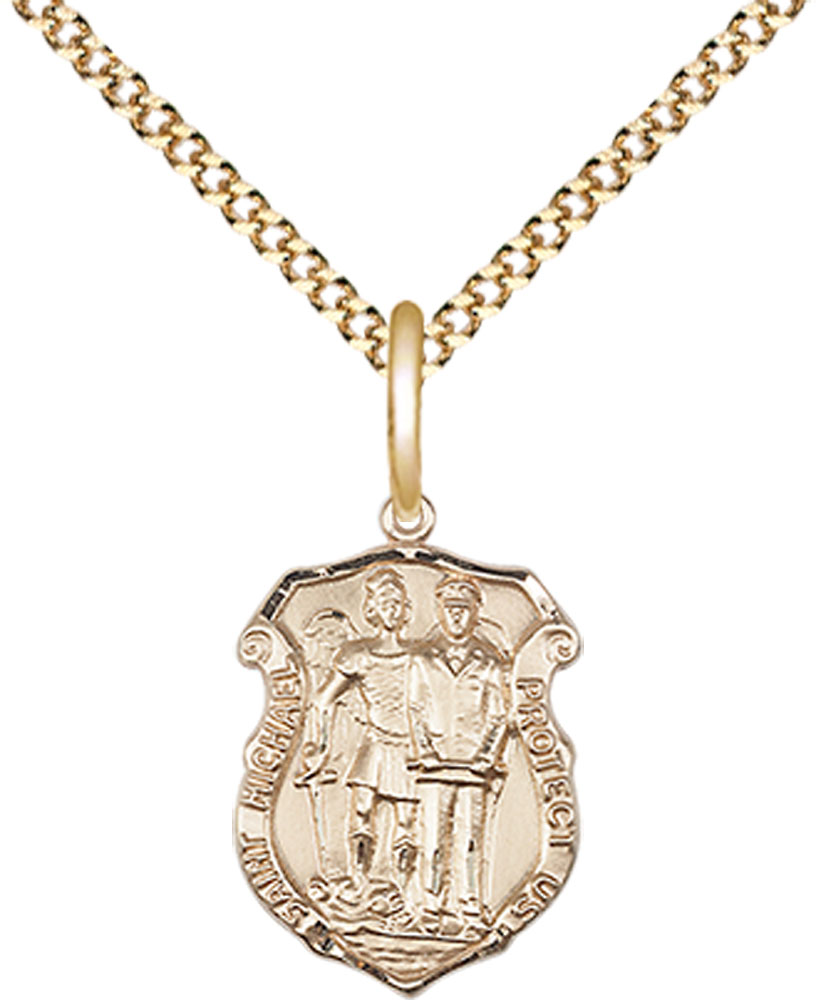 14kt Gold Filled Saint Michael the Archangel Police Shield Pendant on a 18 inch Gold Plate Light Curb chain