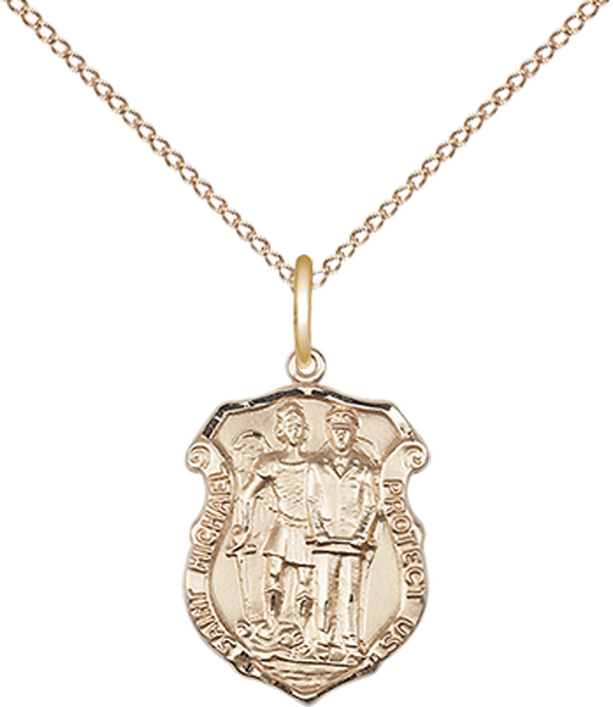 14kt Gold Filled Saint Michael the Archangel Police Shield Pendant on a 18 inch Gold Filled Light Curb chain