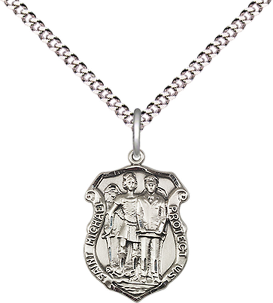 Sterling Silver Saint Michael the Archangel Police Shield Pendant on a 18 inch Light Rhodium Light Curb chain