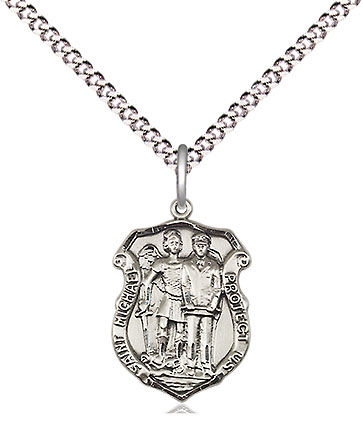 Sterling Silver Saint Michael the Archangel Police Shield Pendant on a 18 inch Light Rhodium Light Curb chain