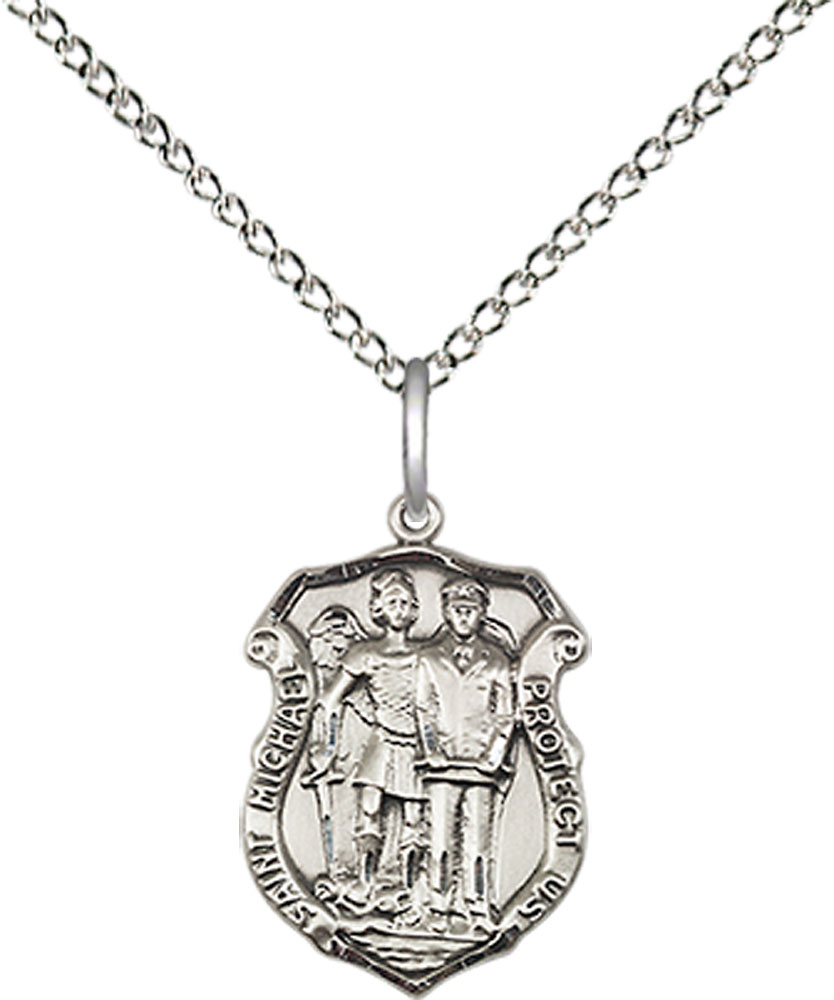 Sterling Silver Saint Michael the Archangel Police Shield Pendant on a 18 inch Sterling Silver Light Curb chain