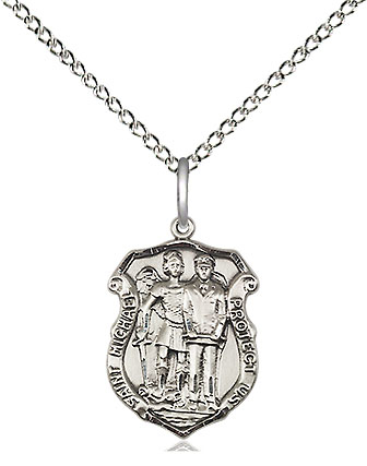 Sterling Silver Saint Michael the Archangel Police Shield Pendant on a 18 inch Sterling Silver Light Curb chain