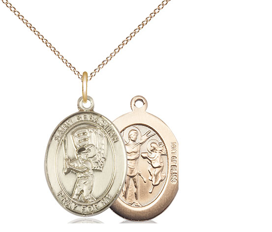 14kt Gold Filled Saint Sebastian Baseball Pendant on a 18 inch Gold Filled Light Curb chain