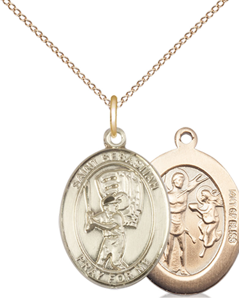 14kt Gold Filled Saint Sebastian Baseball Pendant on a 18 inch Gold Filled Light Curb chain