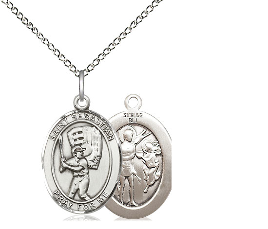 Sterling Silver Saint Sebastian Baseball Pendant on a 18 inch Sterling Silver Light Curb chain