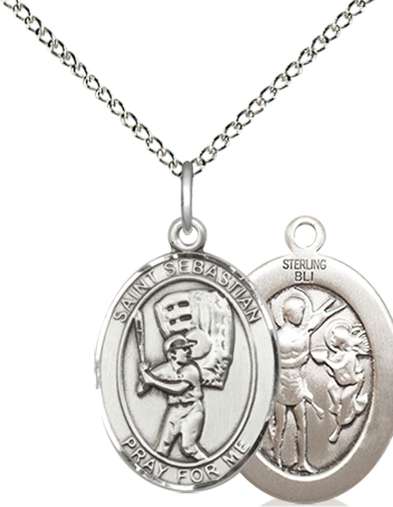 Sterling Silver Saint Sebastian Baseball Pendant on a 18 inch Sterling Silver Light Curb chain