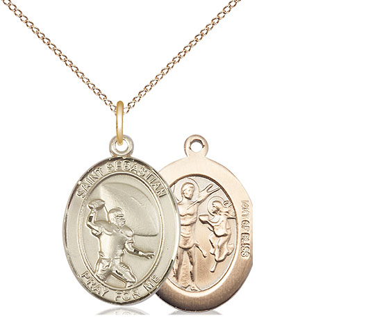 14kt Gold Filled Saint Sebastian Football Pendant on a 18 inch Gold Filled Light Curb chain