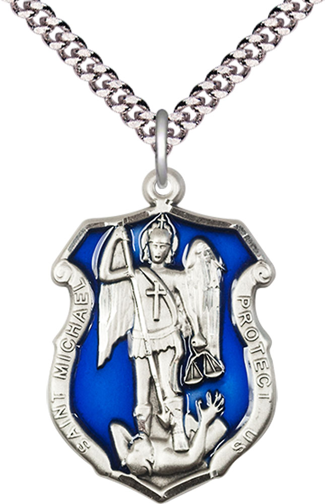 Sterling Silver Saint Michael the Archangel Shield Pendant on a 24 inch Light Rhodium Heavy Curb chain