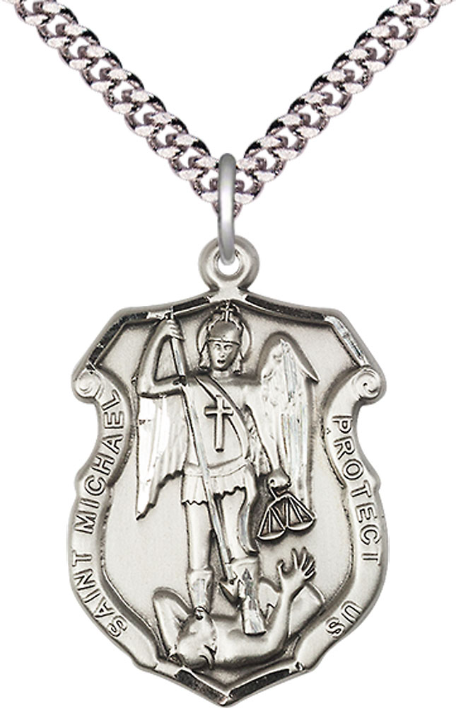 Sterling Silver Saint Michael the Archangel Shield Pendant on a 24 inch Light Rhodium Heavy Curb chain