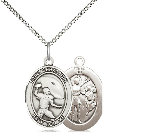 Sterling Silver Saint Sebastian Football Pendant on a 18 inch Sterling Silver Light Curb chain