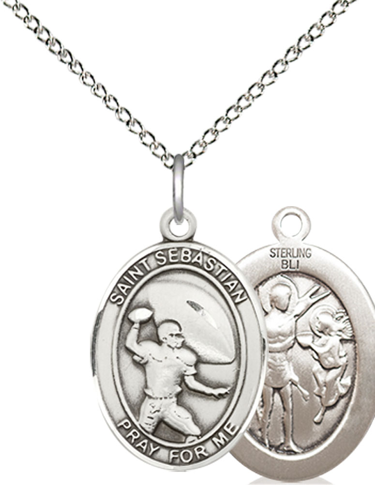 Sterling Silver Saint Sebastian Football Pendant on a 18 inch Sterling Silver Light Curb chain