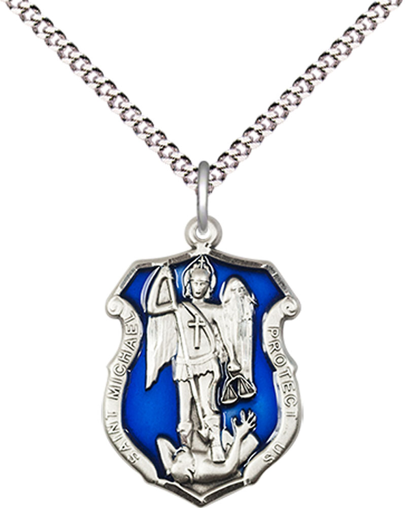 Sterling Silver Saint Michael the Archangel Shield Pendant on a 18 inch Light Rhodium Light Curb chain