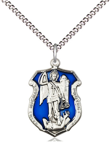 Sterling Silver Saint Michael the Archangel Shield Pendant on a 18 inch Light Rhodium Light Curb chain