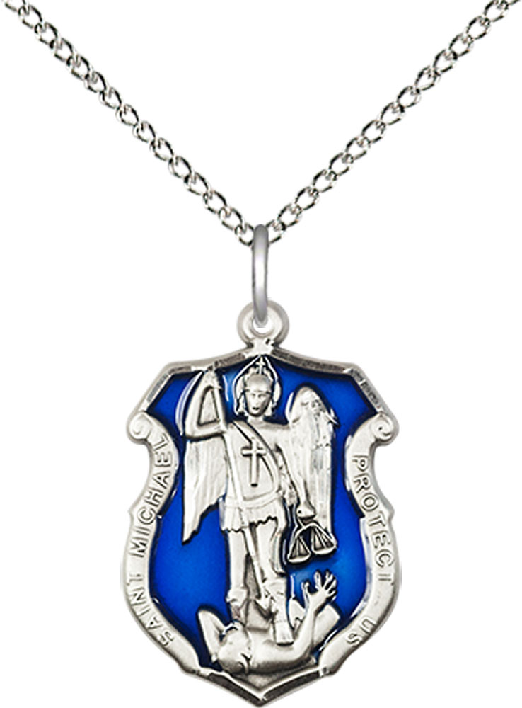 Sterling Silver Saint Michael the Archangel Shield Pendant on a 18 inch Sterling Silver Light Curb chain