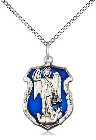 Sterling Silver Saint Michael the Archangel Shield Pendant on a 18 inch Sterling Silver Light Curb chain