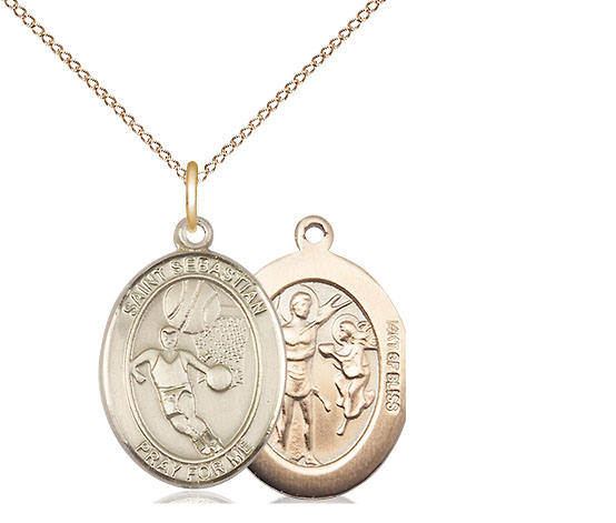 14kt Gold Filled Saint Sebastian Basketball Pendant on a 18 inch Gold Filled Light Curb chain