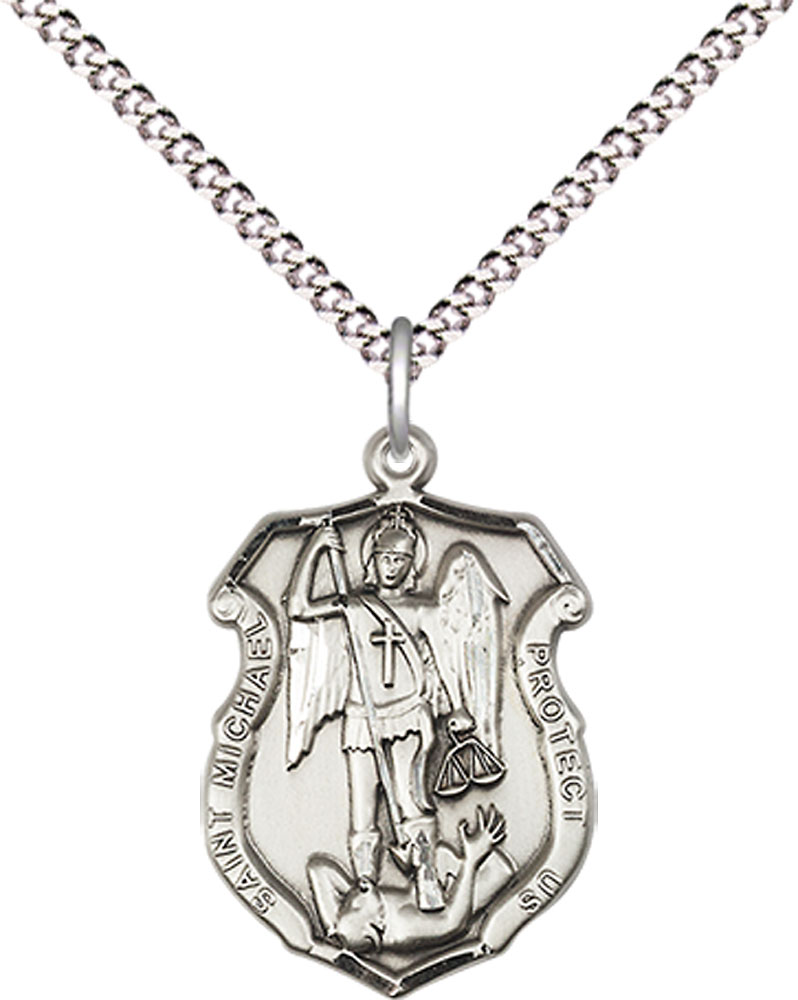 Sterling Silver Saint Michael the Archangel Shield Pendant on a 18 inch Light Rhodium Light Curb chain