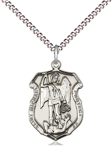 Sterling Silver Saint Michael the Archangel Shield Pendant on a 18 inch Light Rhodium Light Curb chain