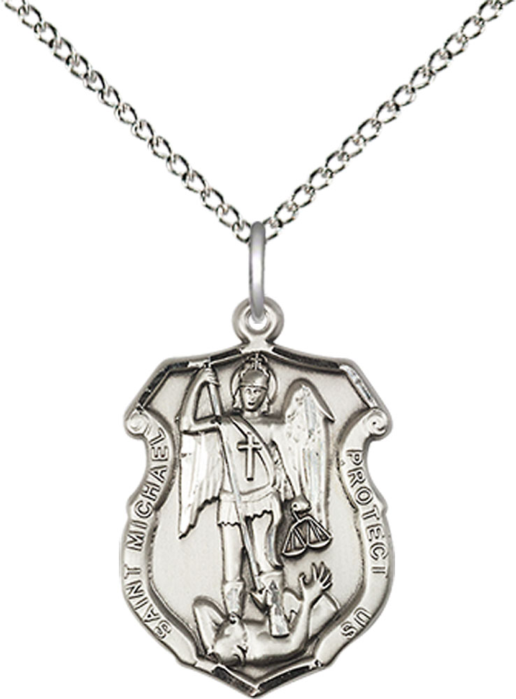 Sterling Silver Saint Michael the Archangel Shield Pendant on a 18 inch Sterling Silver Light Curb chain