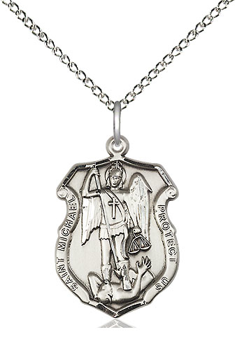 Sterling Silver Saint Michael the Archangel Shield Pendant on a 18 inch Sterling Silver Light Curb chain