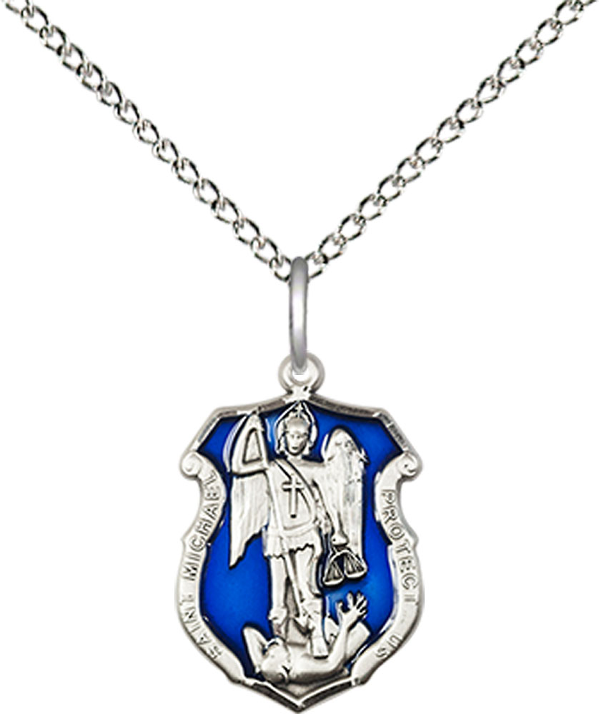 Sterling Silver Saint Michael the Archangel Shield Pendant on a 18 inch Sterling Silver Light Curb chain