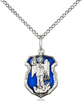 Sterling Silver Saint Michael the Archangel Shield Pendant on a 18 inch Sterling Silver Light Curb chain